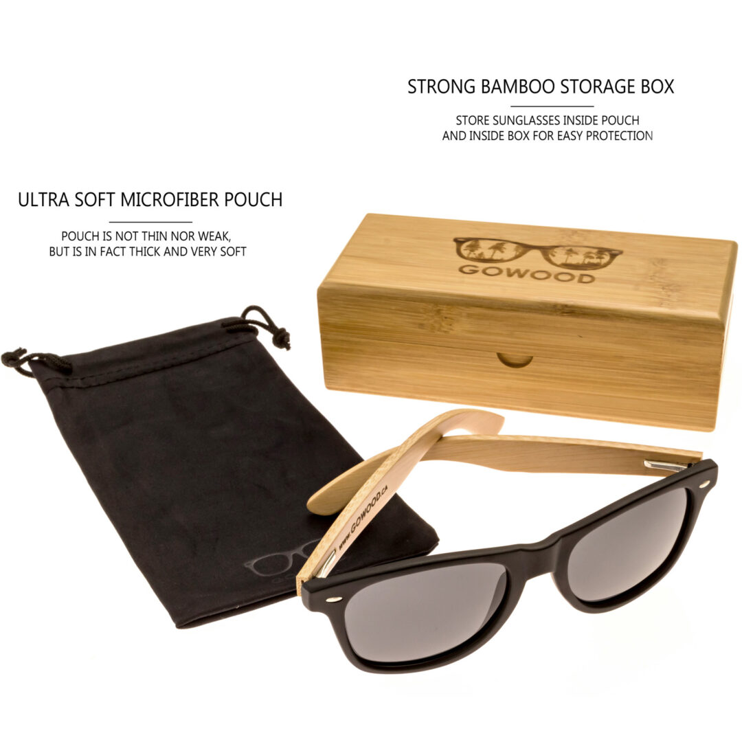 bamboo wood wayfarer sunglasses black lenses package