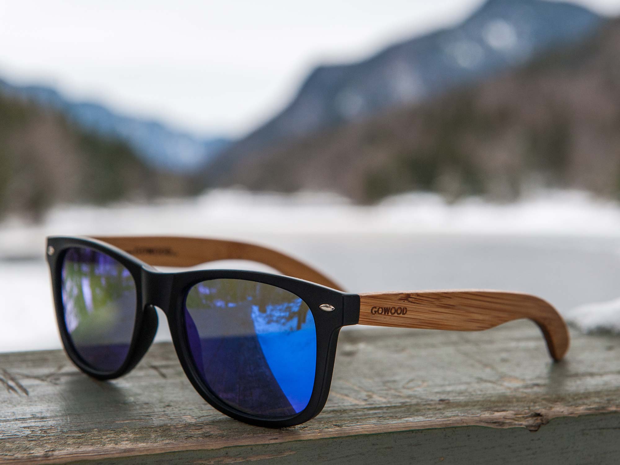 bamboo wood sunglasses wayfarer style with blue mirrored polarized lenses