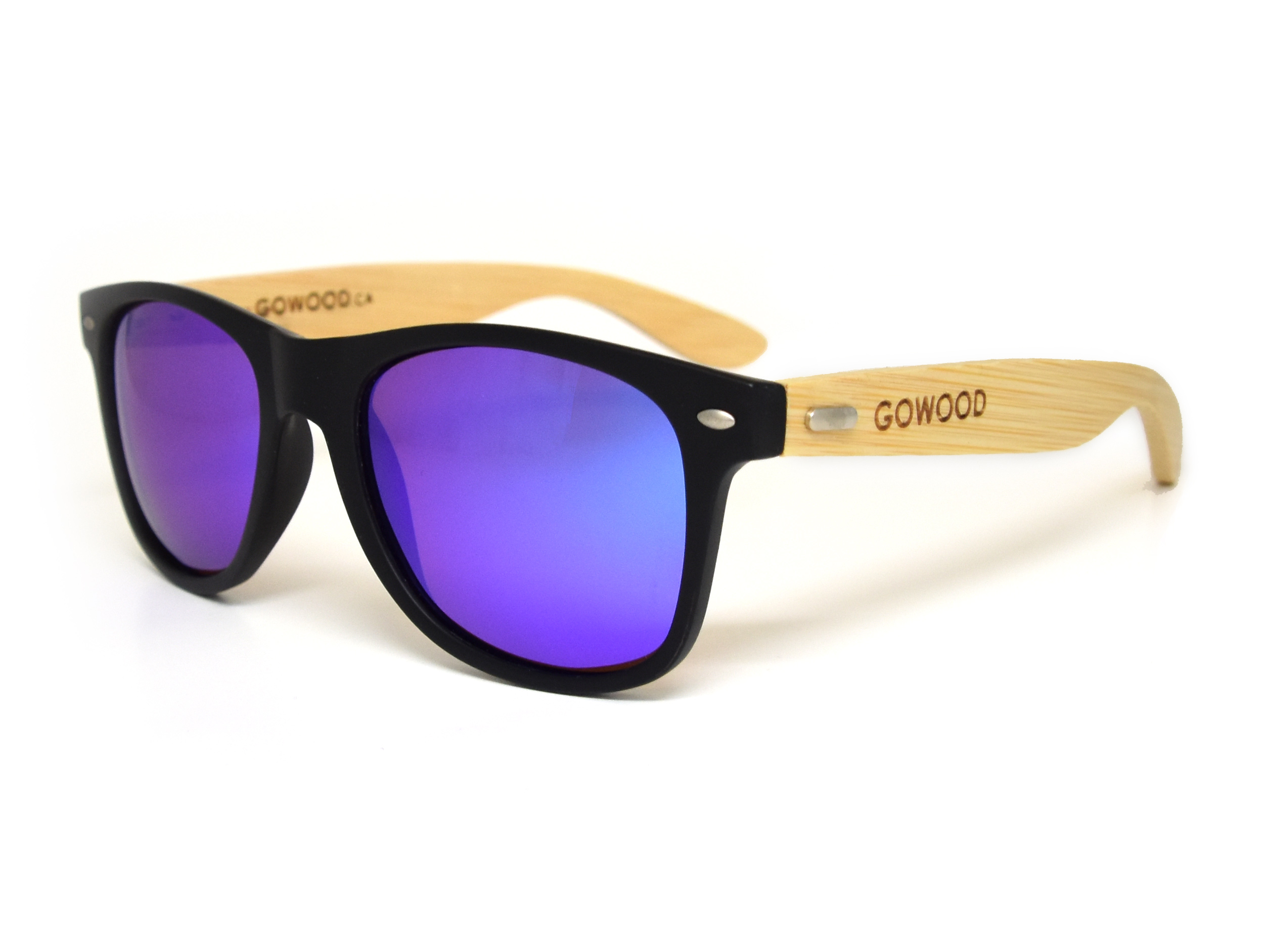 Classic wayfarer sunglasses with blue lenses angle