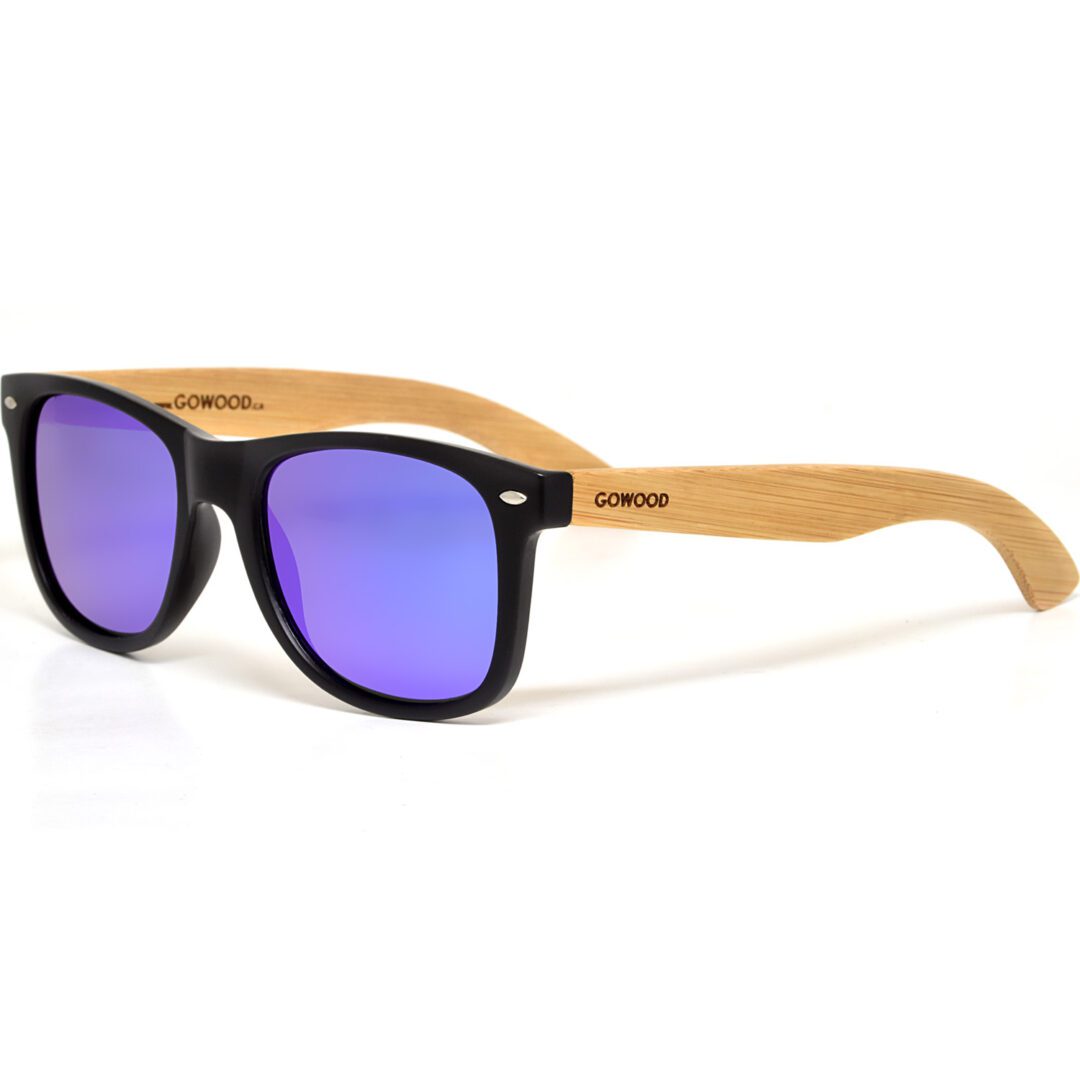 bamboo wood classic style sunglasses blue lenses