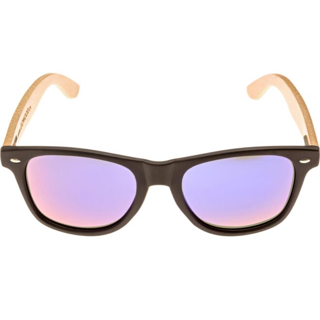 Bamboo wood wayfarer sunglasses blue lenses front view
