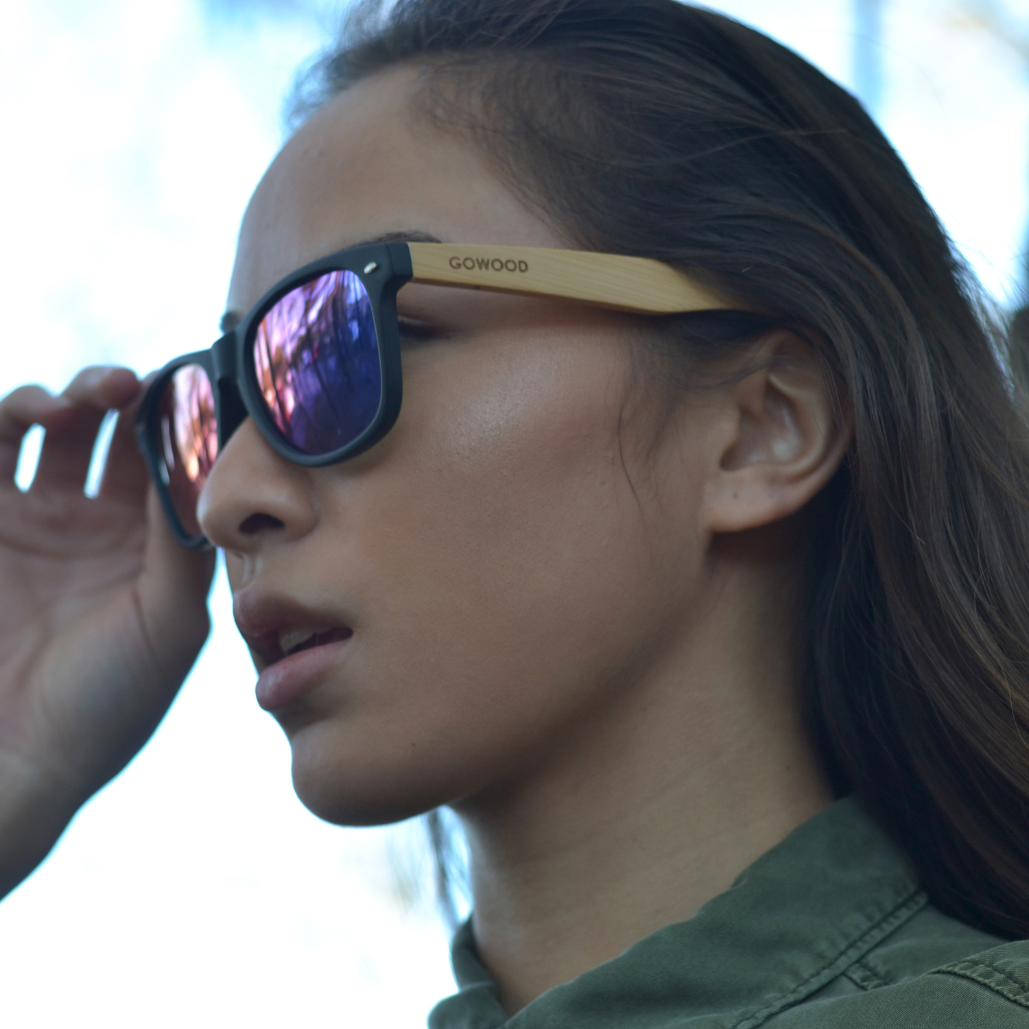 Bamboo wood wayfarer sunglasses blue lenses model