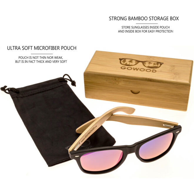 Bamboo wood wayfarer sunglasses blue lenses model set