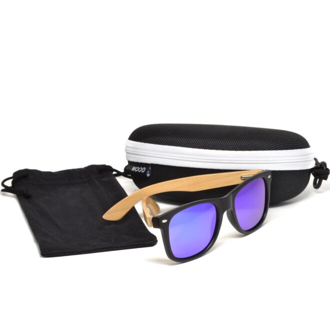 Bamboo wood wayfarer sunglasses blue lenses zipper case set