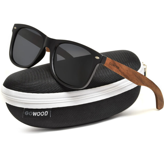 Wood wayfarer sunglasses in walnut and a zipper case