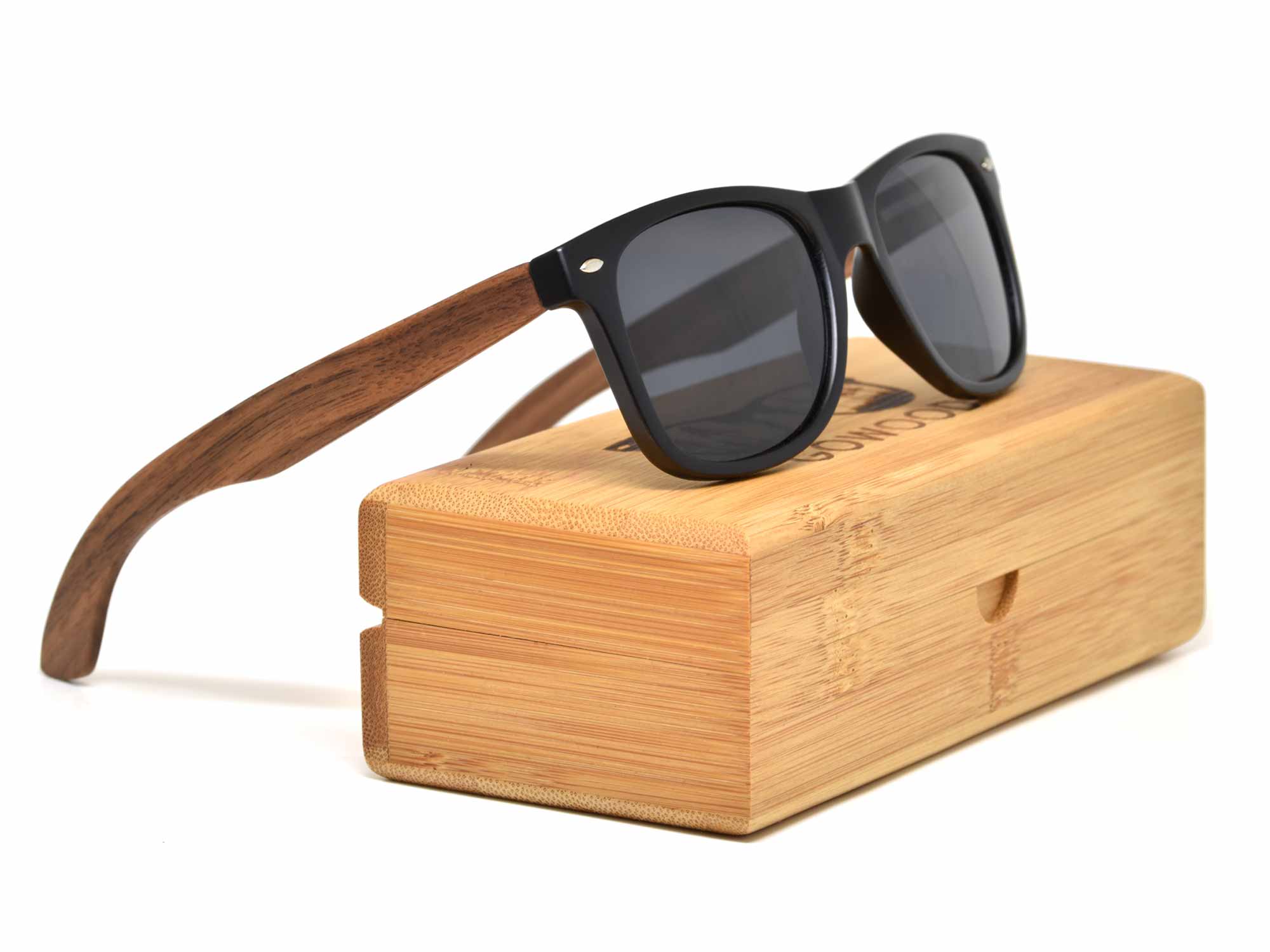 Walnut wood sunglasses with black polarized lenses