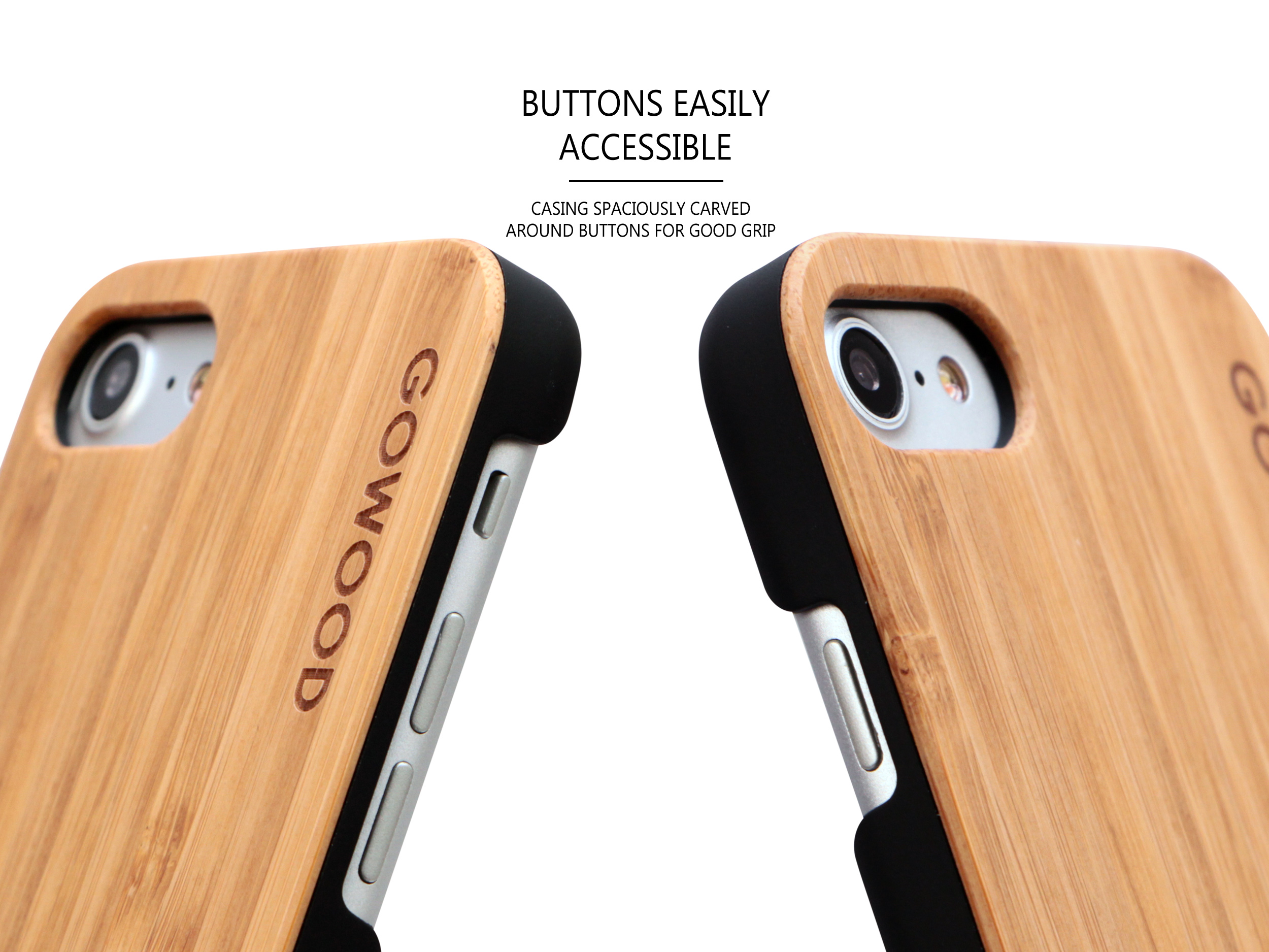 iPhone 7 and 8 wood case bamboo buttons