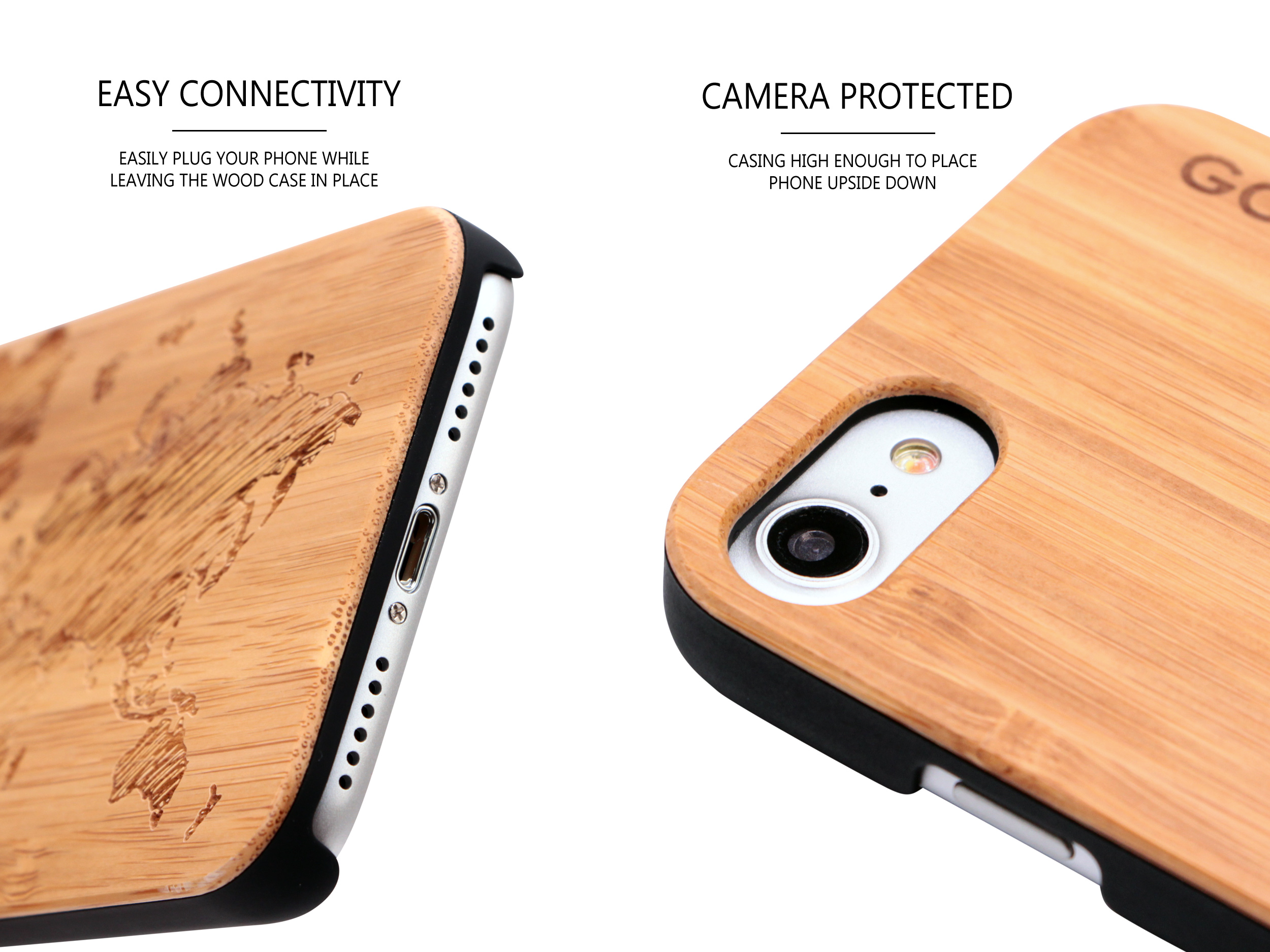 étui iPhone 7 et 8 en bois - bambou carte du monde camera