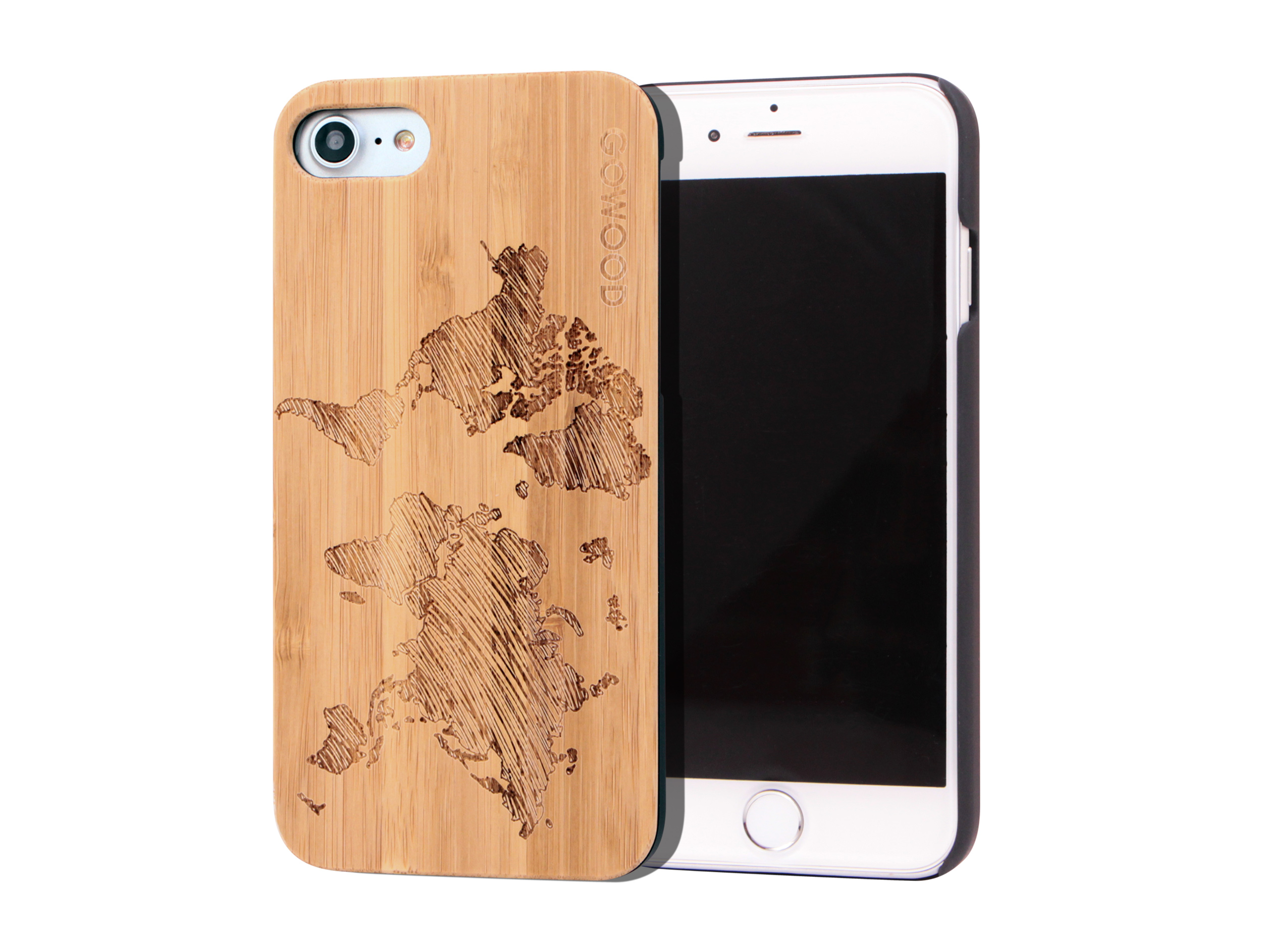 étui iPhone 7 et 8 en bois - bambou carte du monde