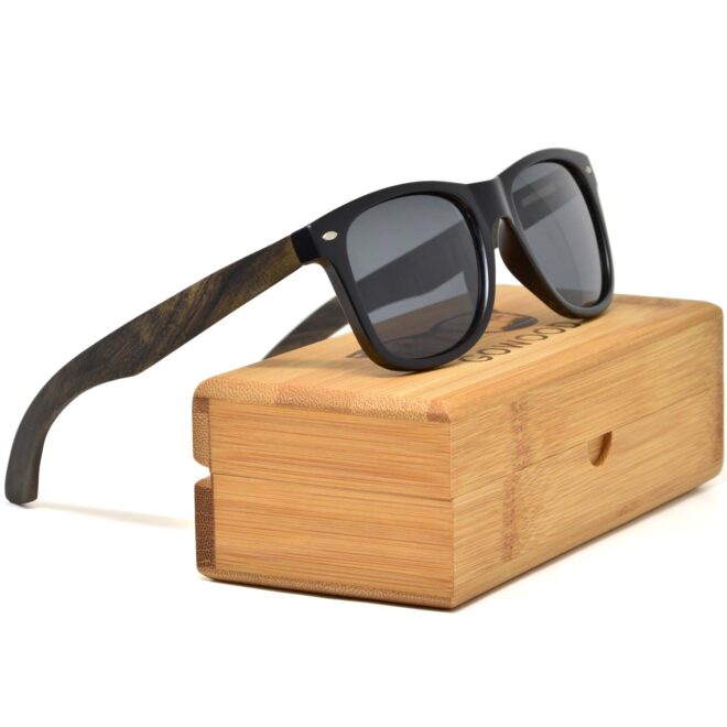 Ebony wood wayfarer sunglasses black lenses on bamboo box
