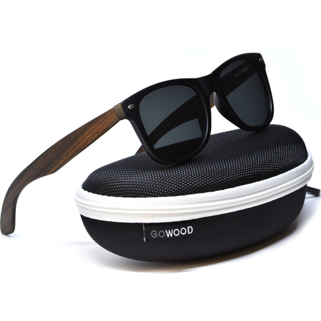 Ebony wood wayfarer sunglasses black lenses on zipper case