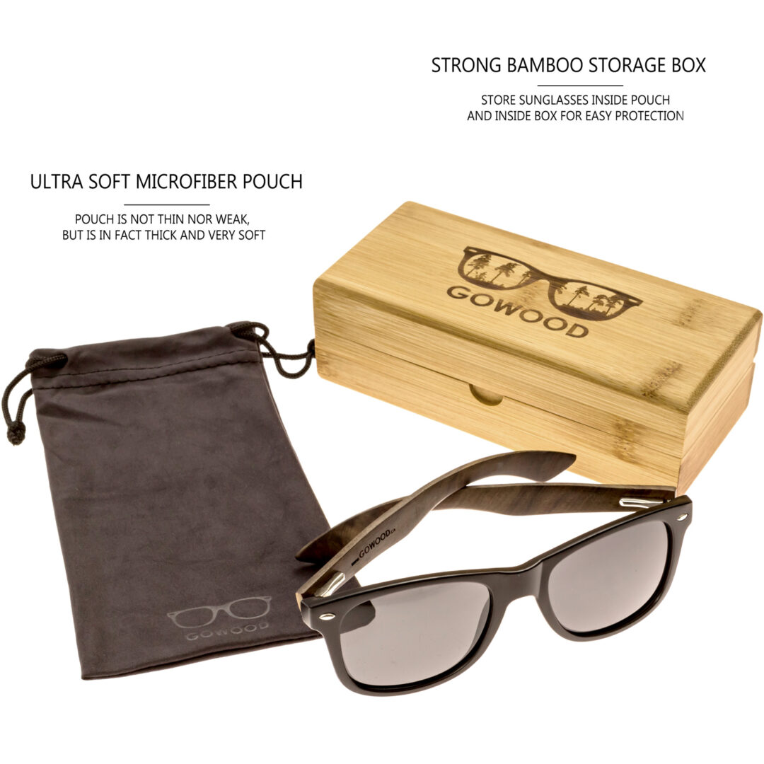 Ebony wood wayfarer sunglasses black lenses set bamboo box