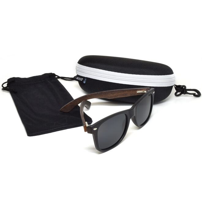 Ebony wood wayfarer sunglasses black lenses acetate set zipper case