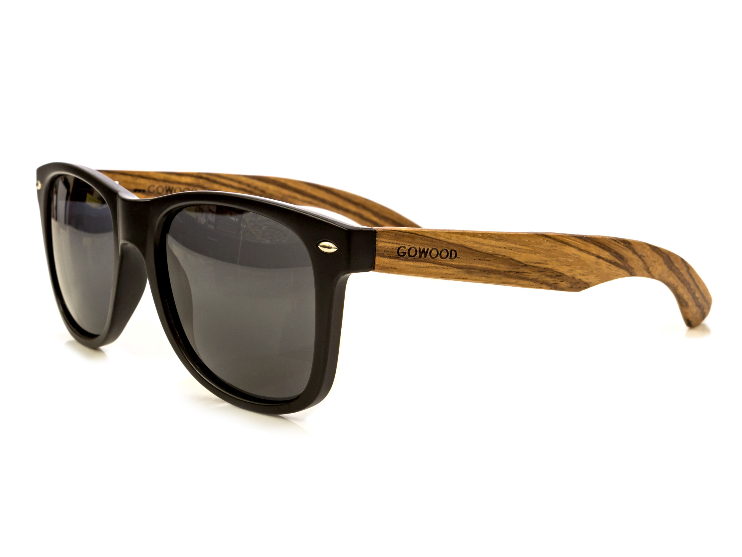 classic wayfarer sunglasses with zebra wood legs angle