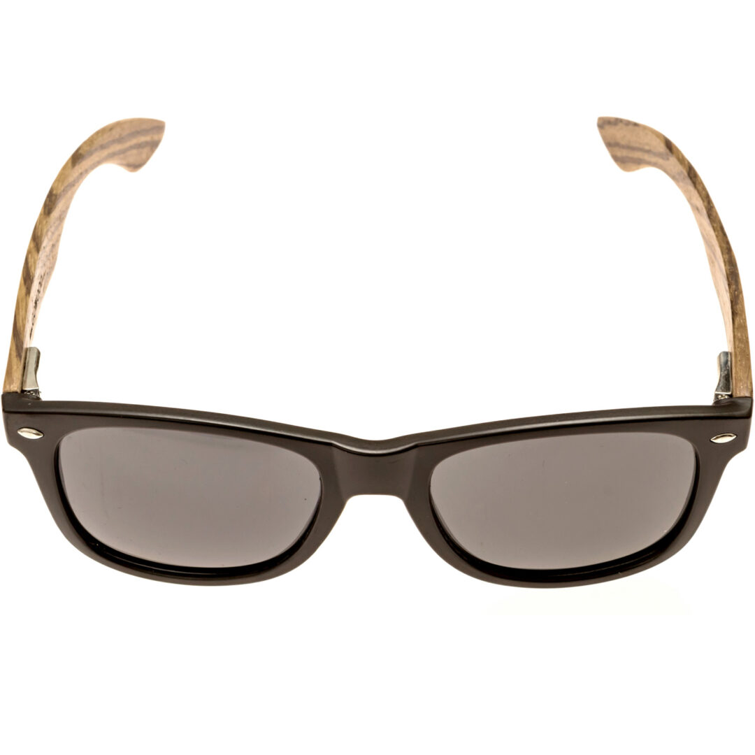 Zebra wood wayfarer sunglasses black lenses front acetate frame