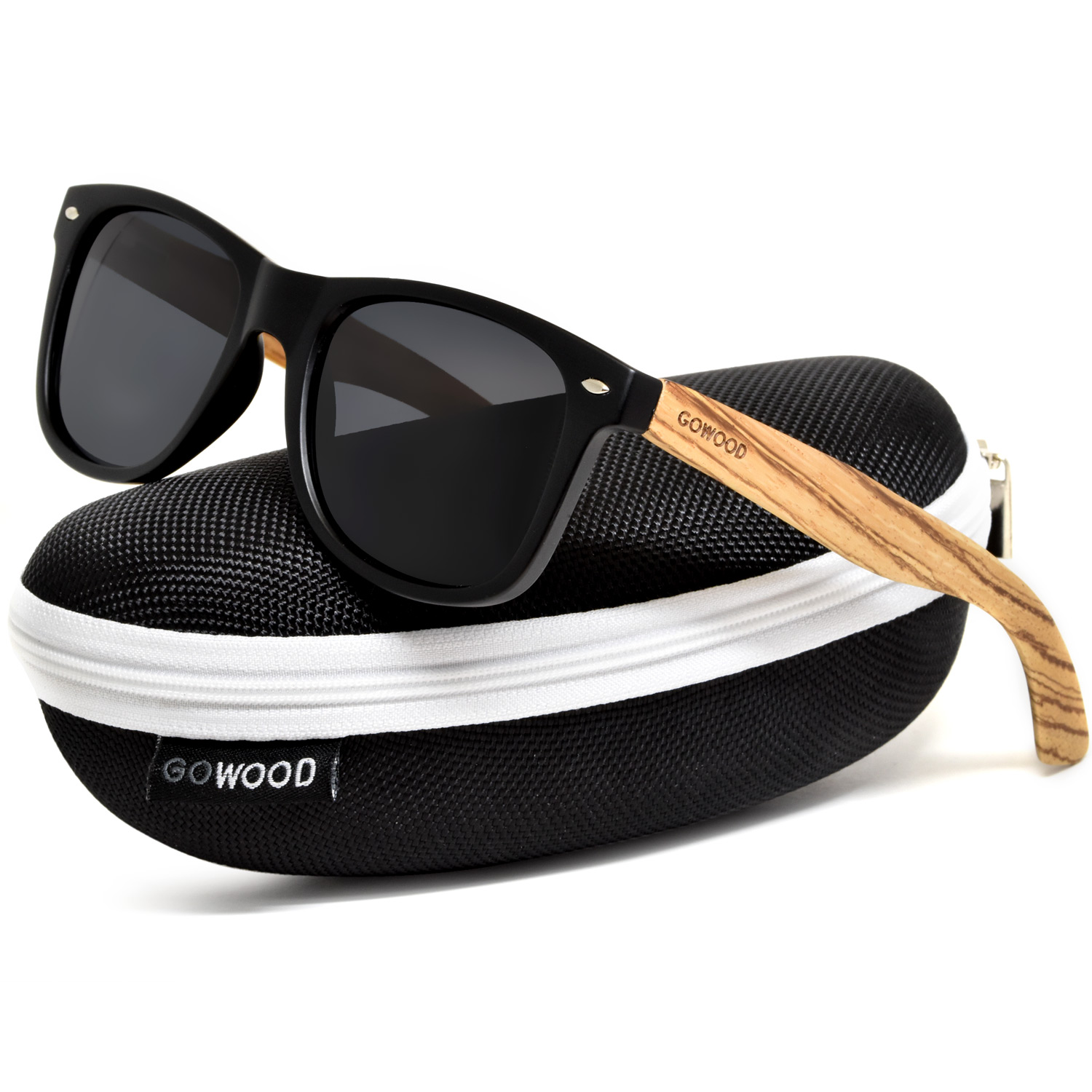 Zebra wood wayfarer sunglasses black lenses zipper case