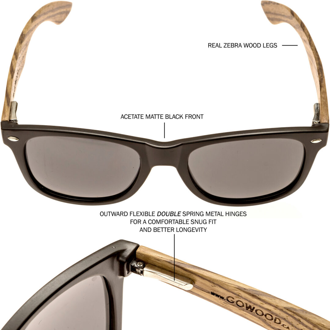 Zebra wood wayfarer sunglasses black lenses hinge and frame