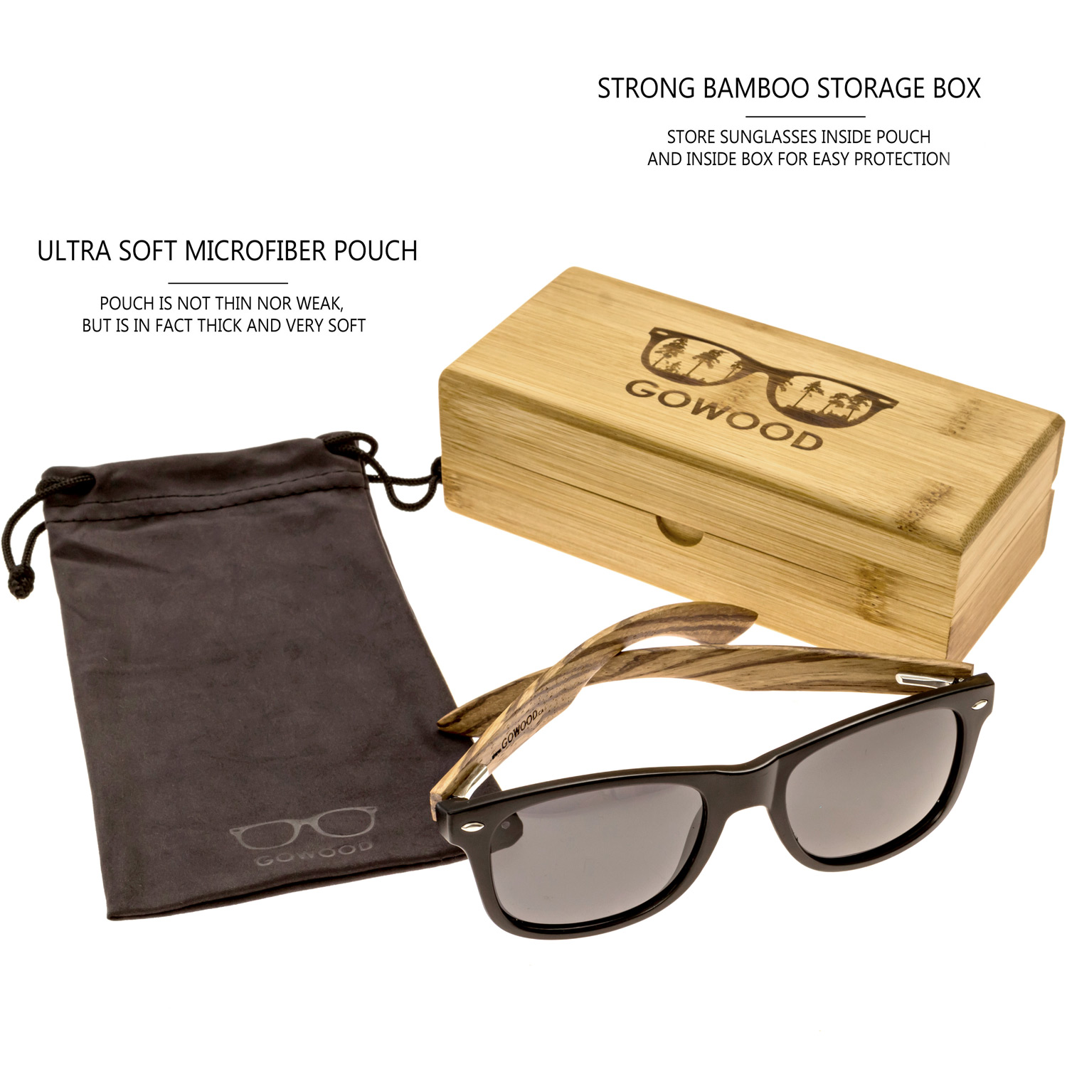 Zebra wood wayfarer sunglasses black lenses set