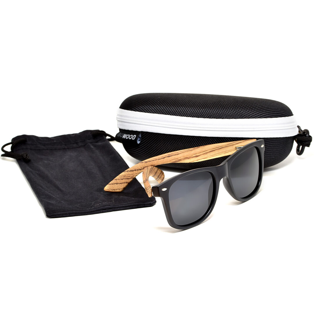 Zebra wood wayfarer sunglasses black lenses set zipper case