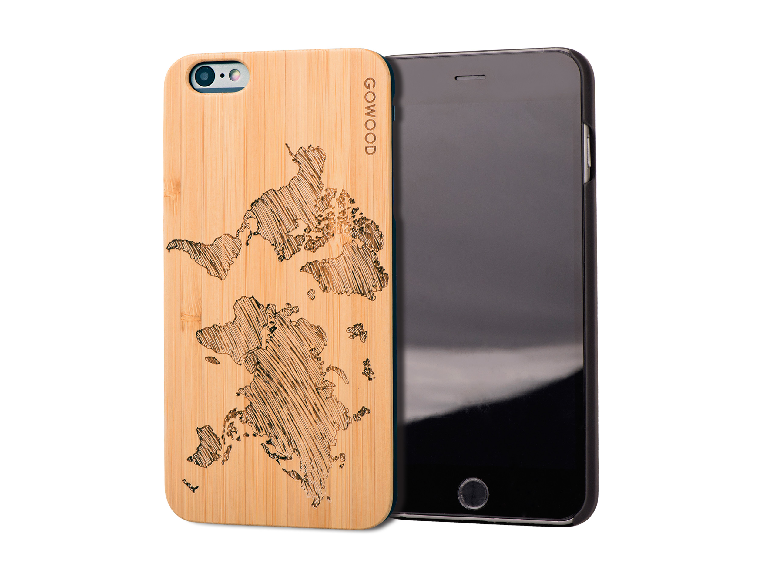 iPhone 6 Plus hoesje van bamboe hout met wereldkaart gravering