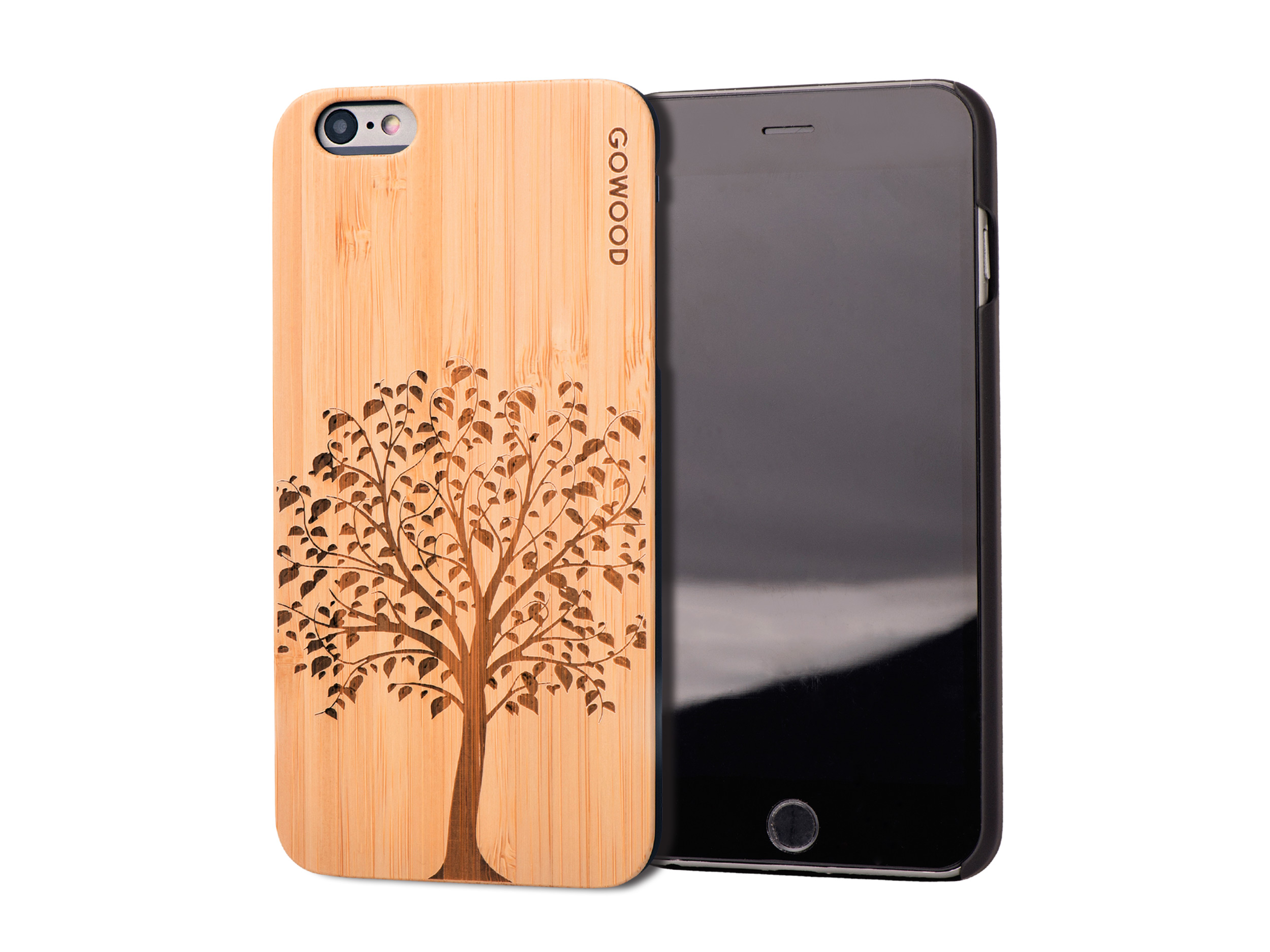 iPhone 6 Plus hoesje van bamboe hout met boom gravering
