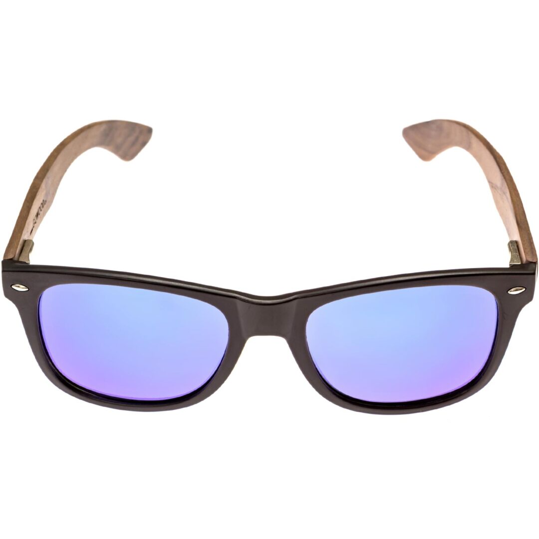 Walnut wood wayfarer sunglasses blue lenses acetate front frame
