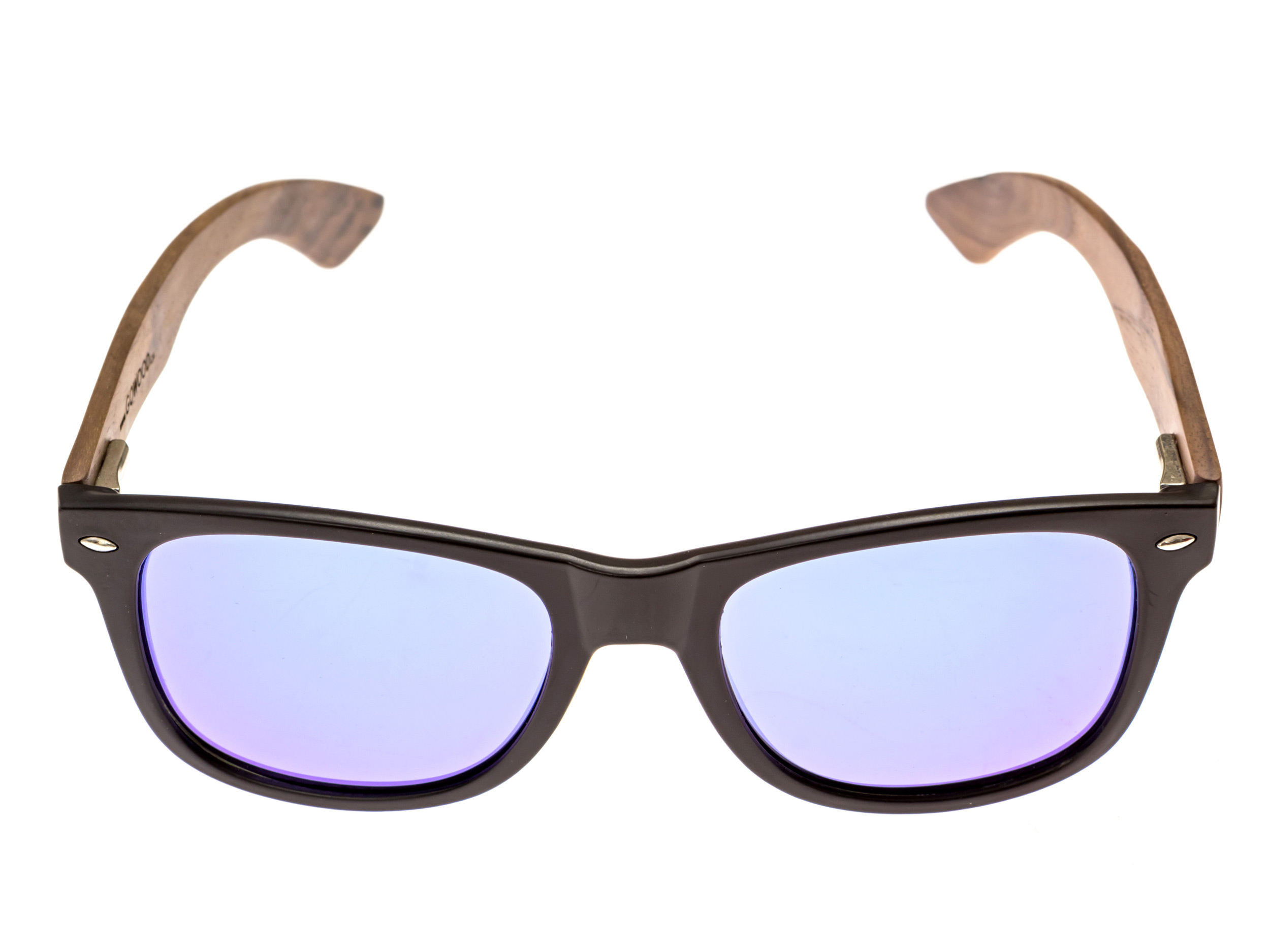 Walnut wood wayfarer sunglasses blue mirrored lenses - front