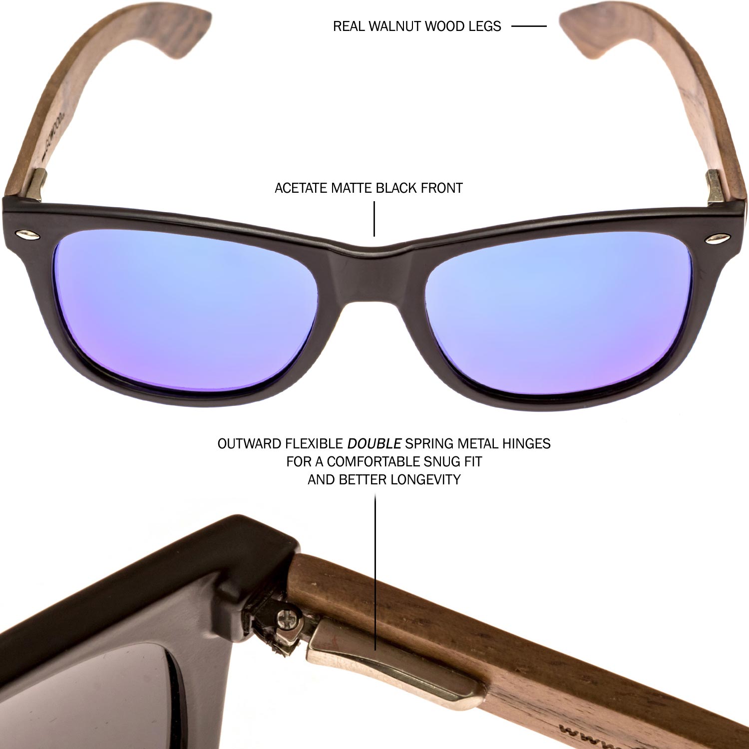 Walnut wood wayfarer sunglasses blue lenses hinge and frame