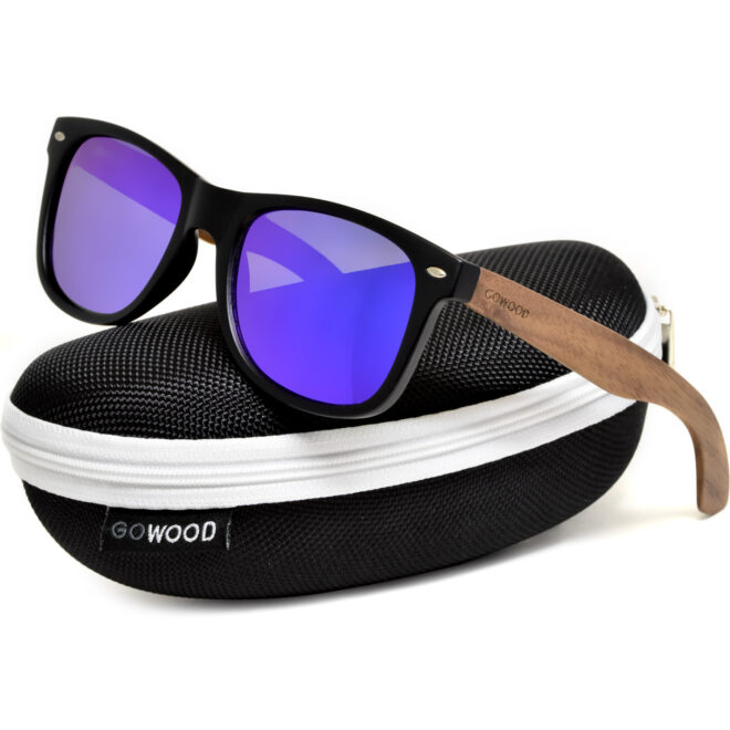 Walnut wood wayfarer sunglasses blue lenses zipper case