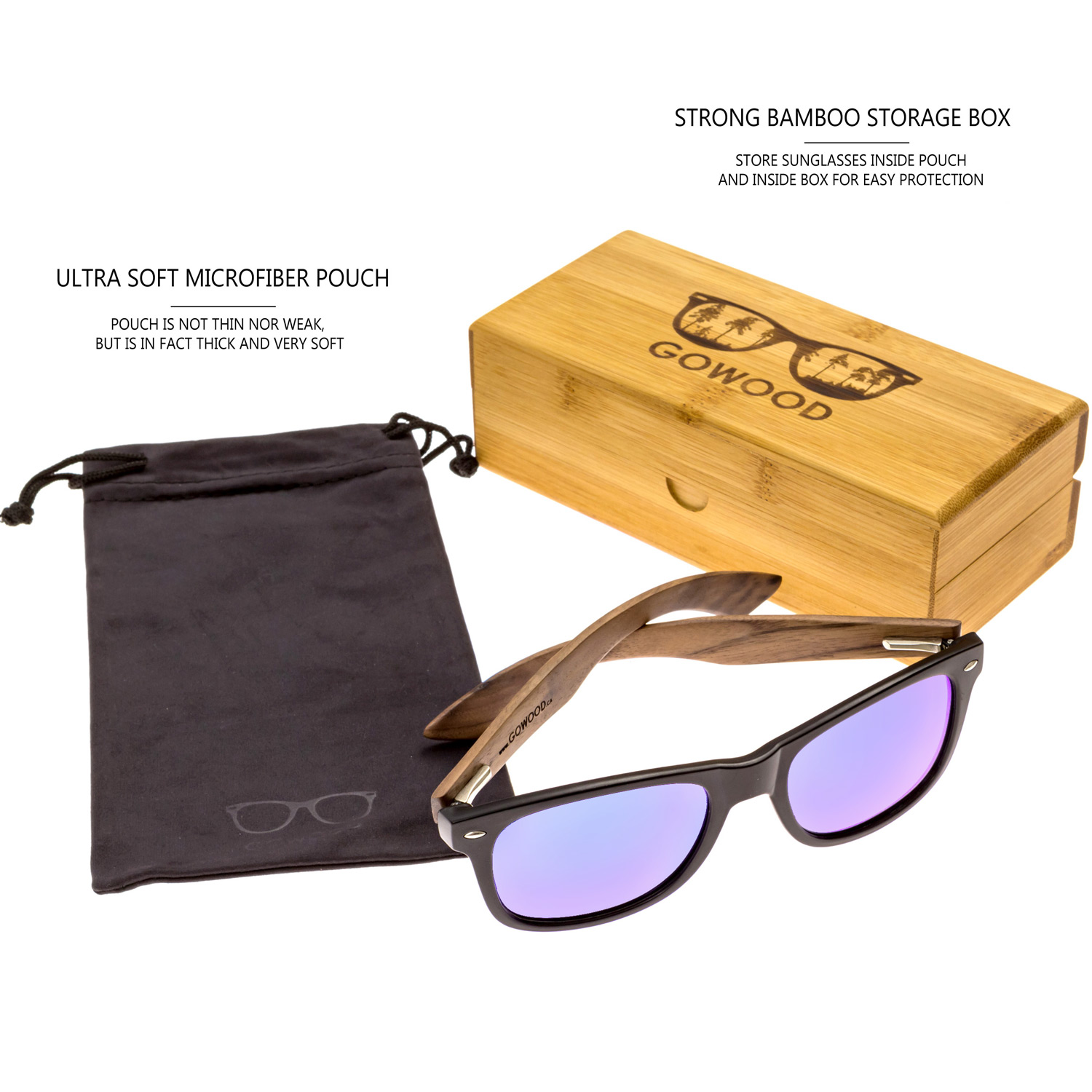 Walnut wood wayfarer sunglasses blue lenses set