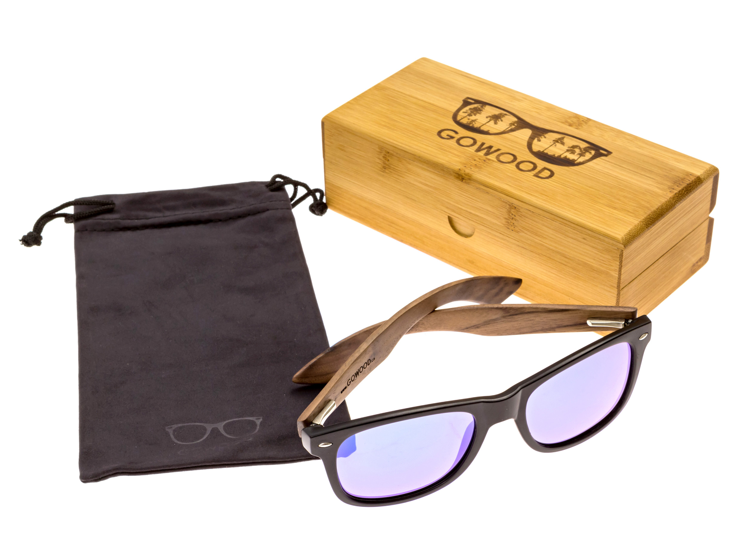 Walnut wood wayfarer sunglasses blue mirrored lenses - set