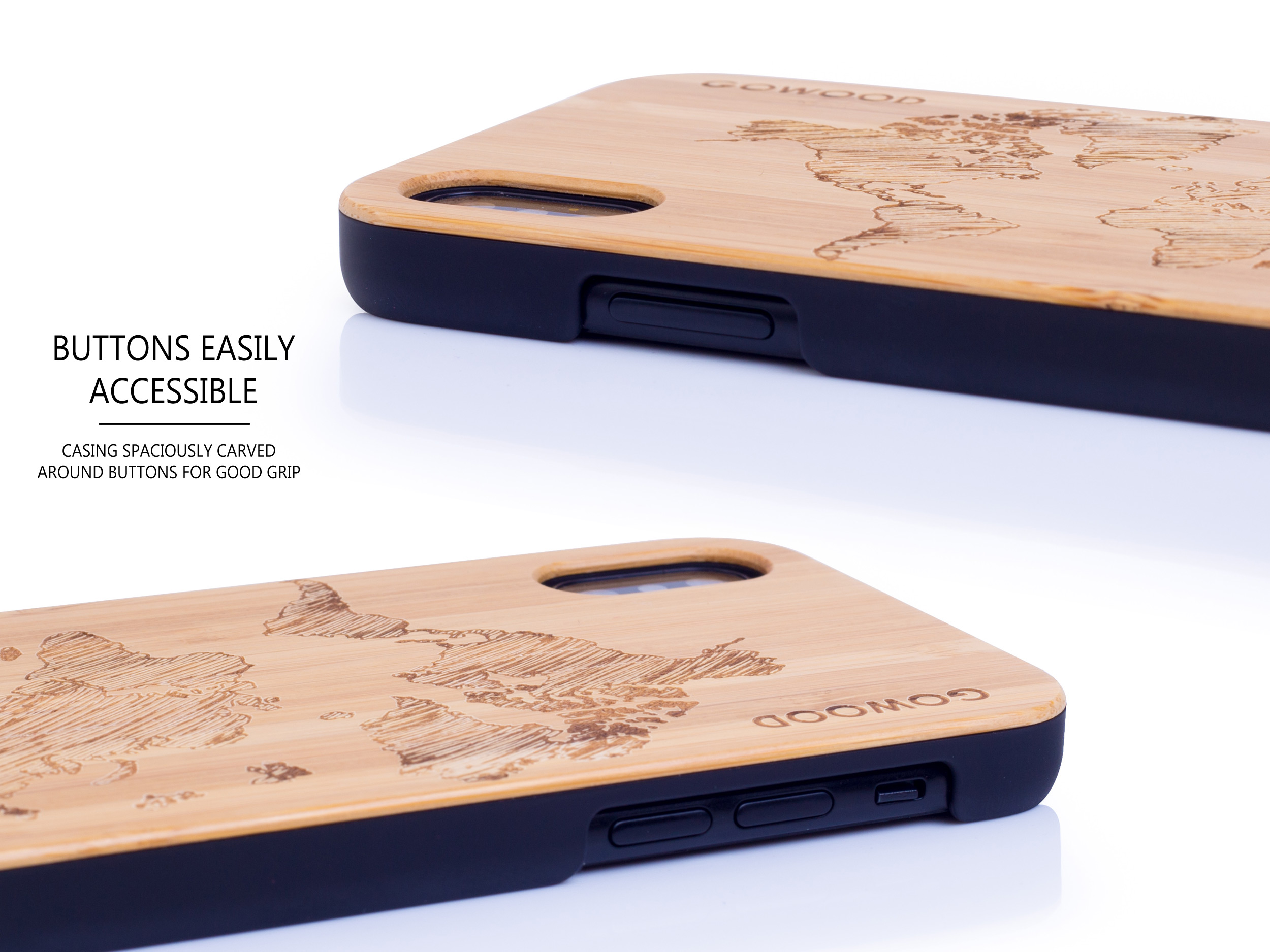 iPhone X and XS wood case bamboo world map buttons
