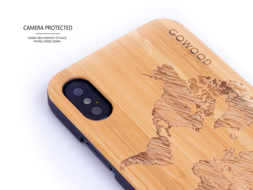 étui iPhone X en bois bambou carte du monde camera