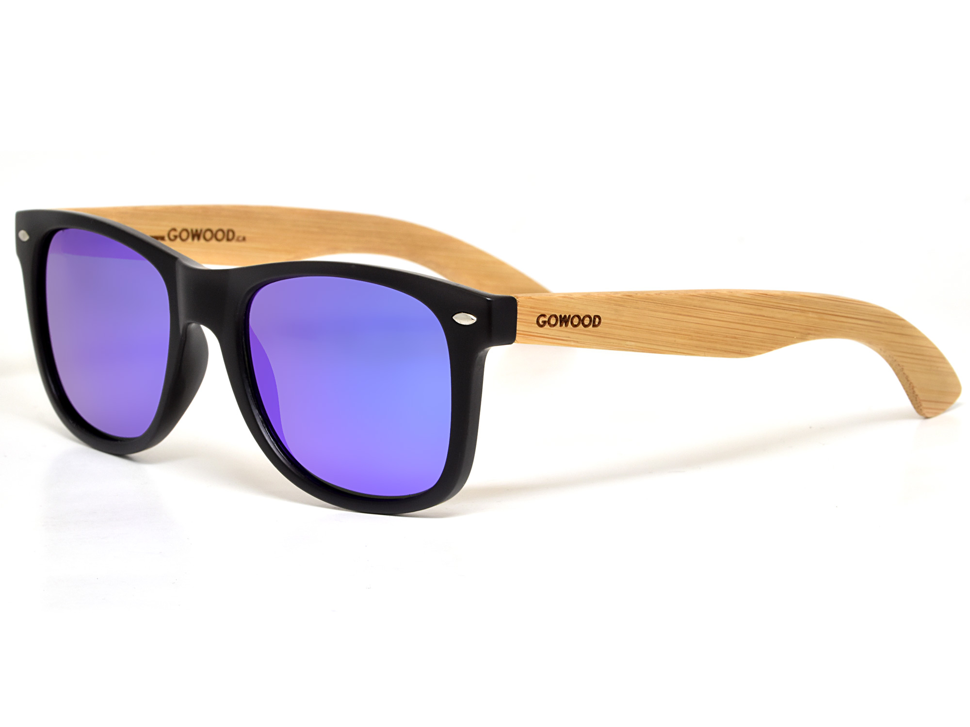 Bamboo wood sunglasses wayfarer style with blue mirrored polarized lenses