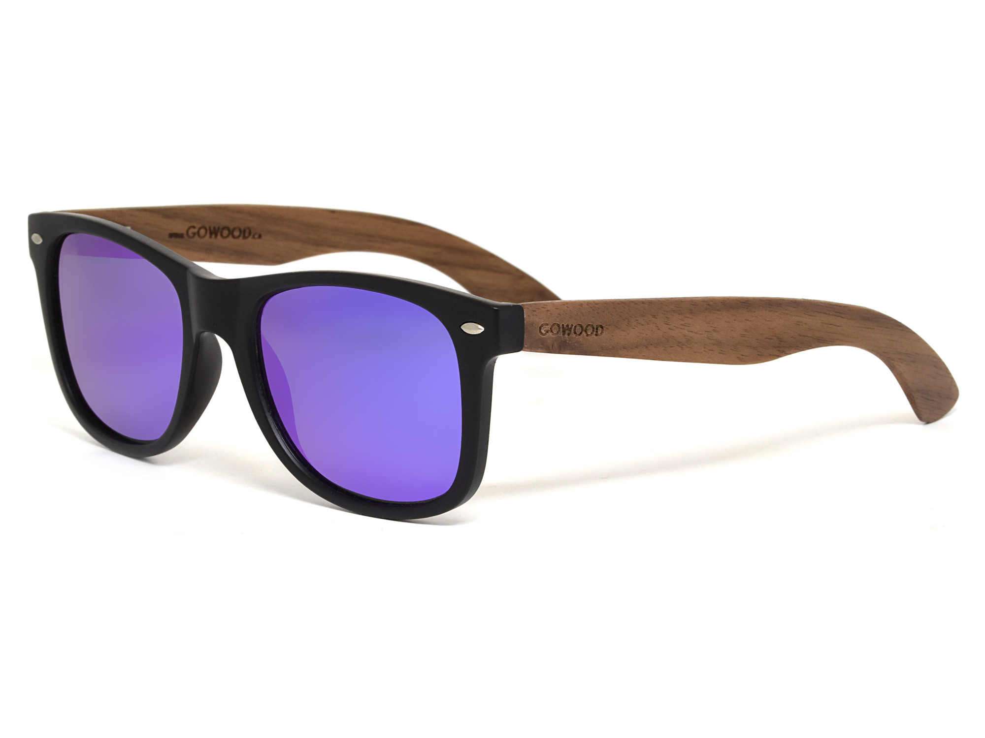 Walnut wood sunglasses blue mirrored lenses - angle