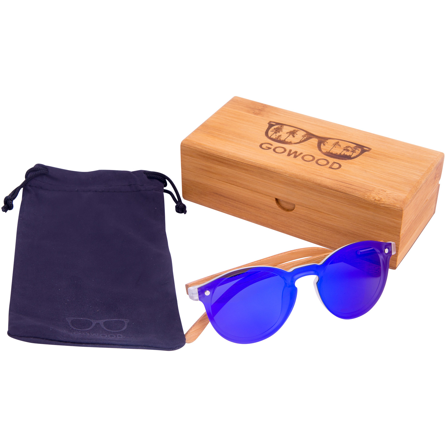 Round bamboo wood sunglasses silver mirrored polarized one piece lens set