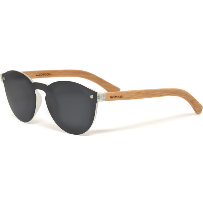 Round bamboo wood sunglasses black polarized lenses left