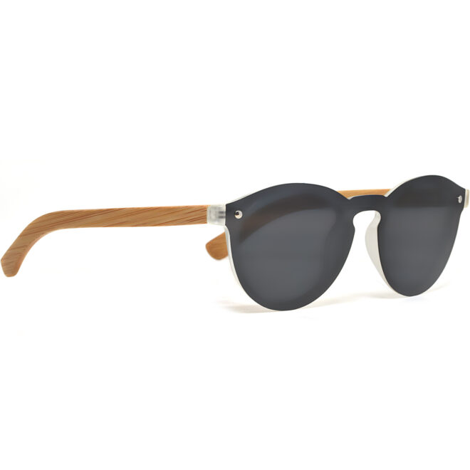 Round bamboo wood sunglasses black polarized lenses right