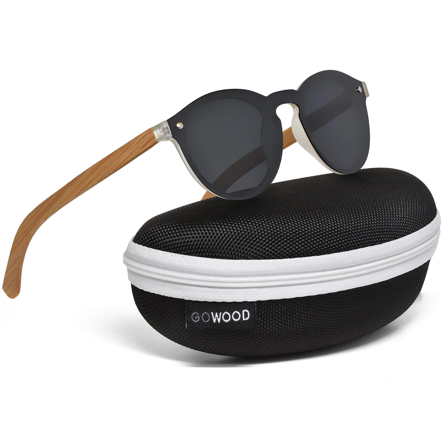 Round bamboo wood sunglasses black polarized lenses zipper case
