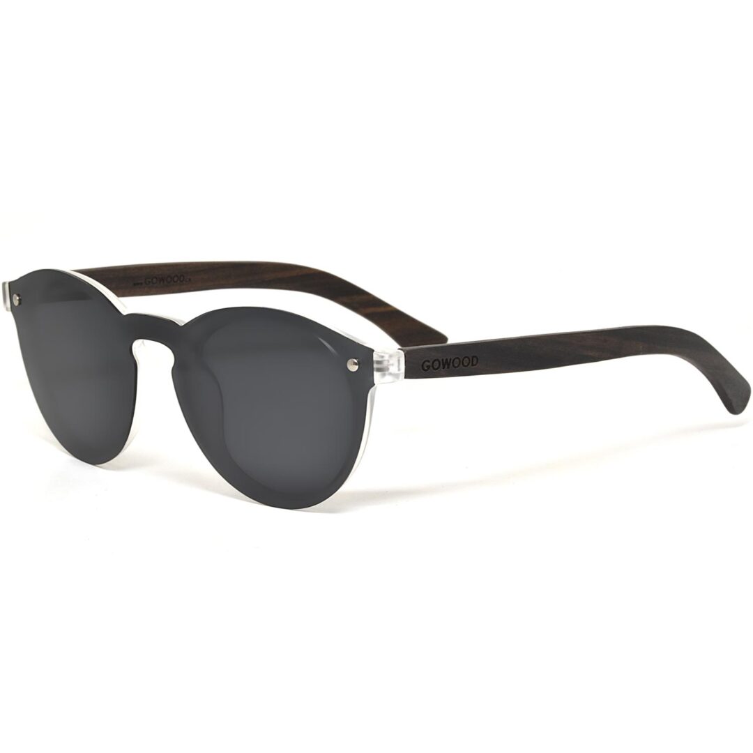 Round ebony wood sunglasses black polarized lenses left