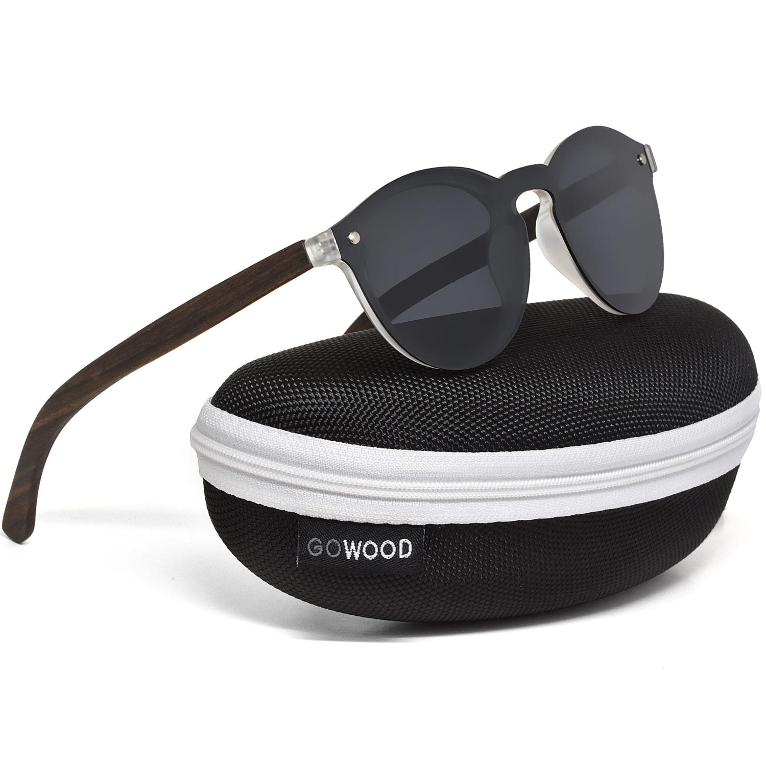 Round ebony wood sunglasses black polarized lenses zipper case