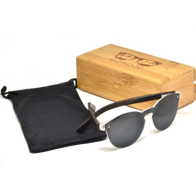 Round ebony wood sunglasses black polarized lenses set