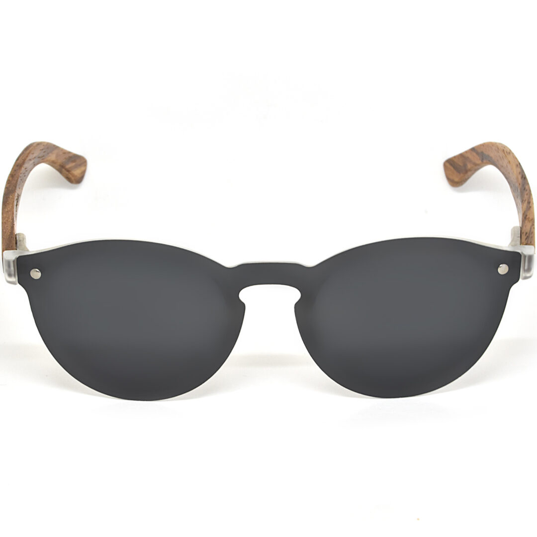 Round zebra wood sunglasses black polarized lenses front