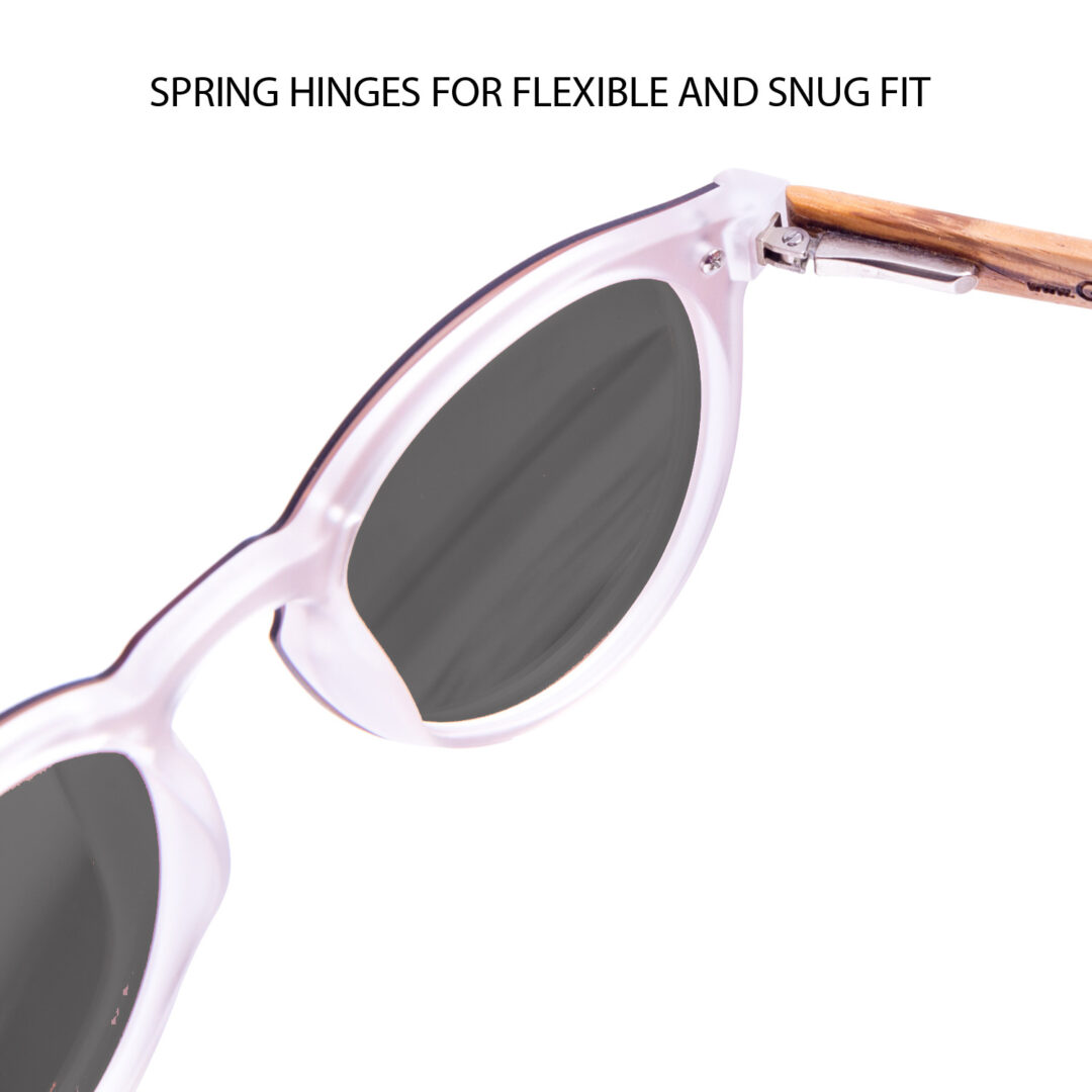 Round zebra wood sunglasses black polarized lenses hinge