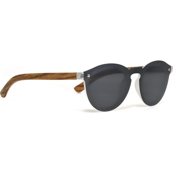 Round zebra wood sunglasses black polarized lenses right