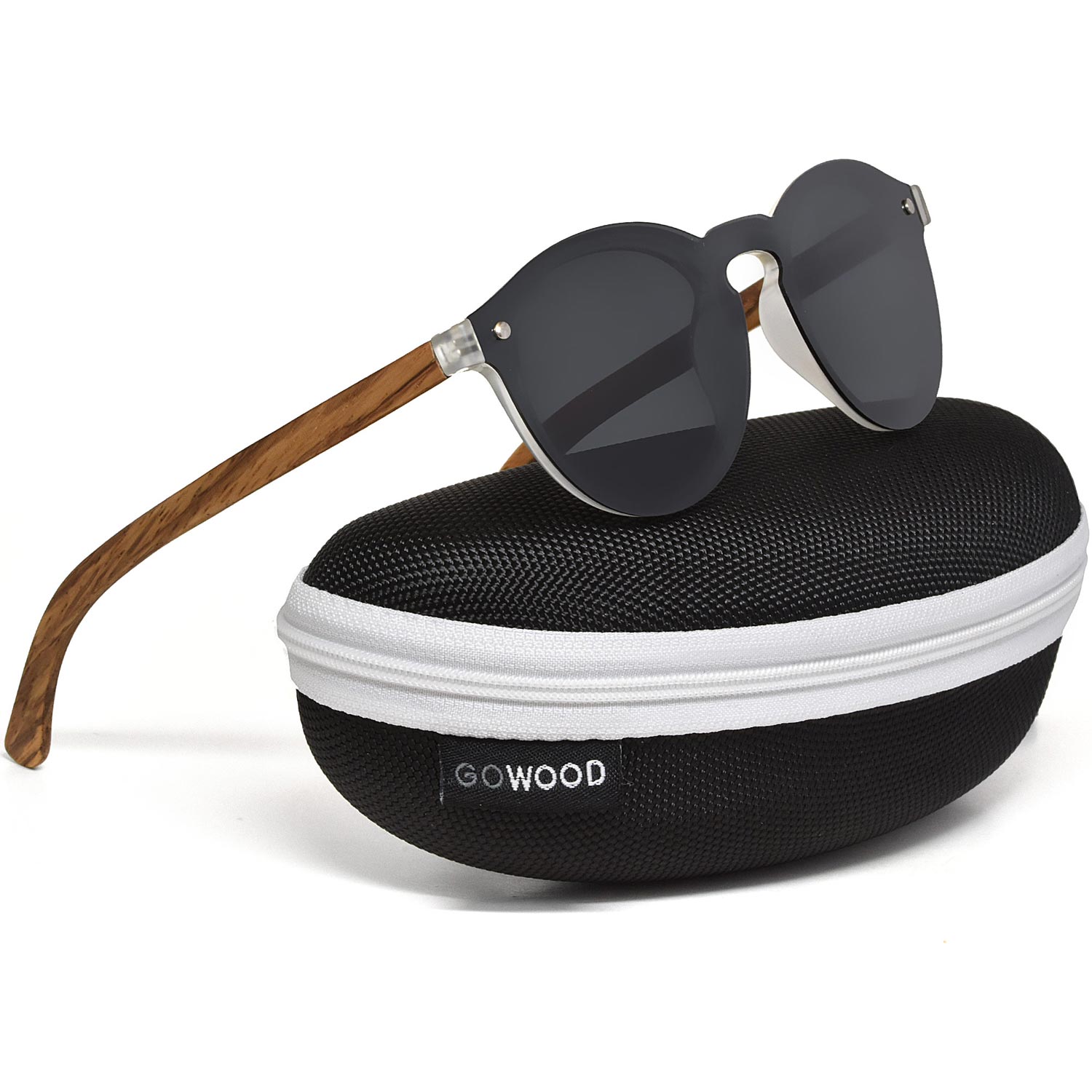 Round zebra wood sunglasses black polarized lenses zipper case