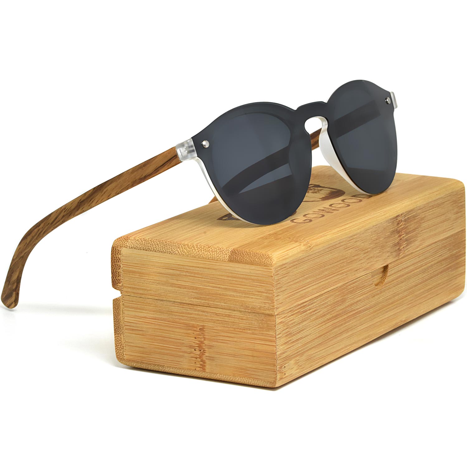 Round zebra wood sunglasses black polarized lenses bamboo box