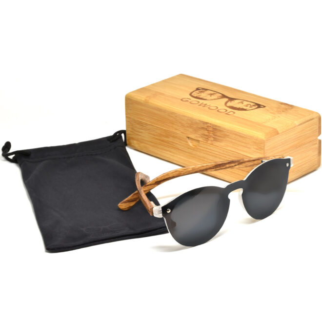 Round zebra wood sunglasses black polarized lenses set