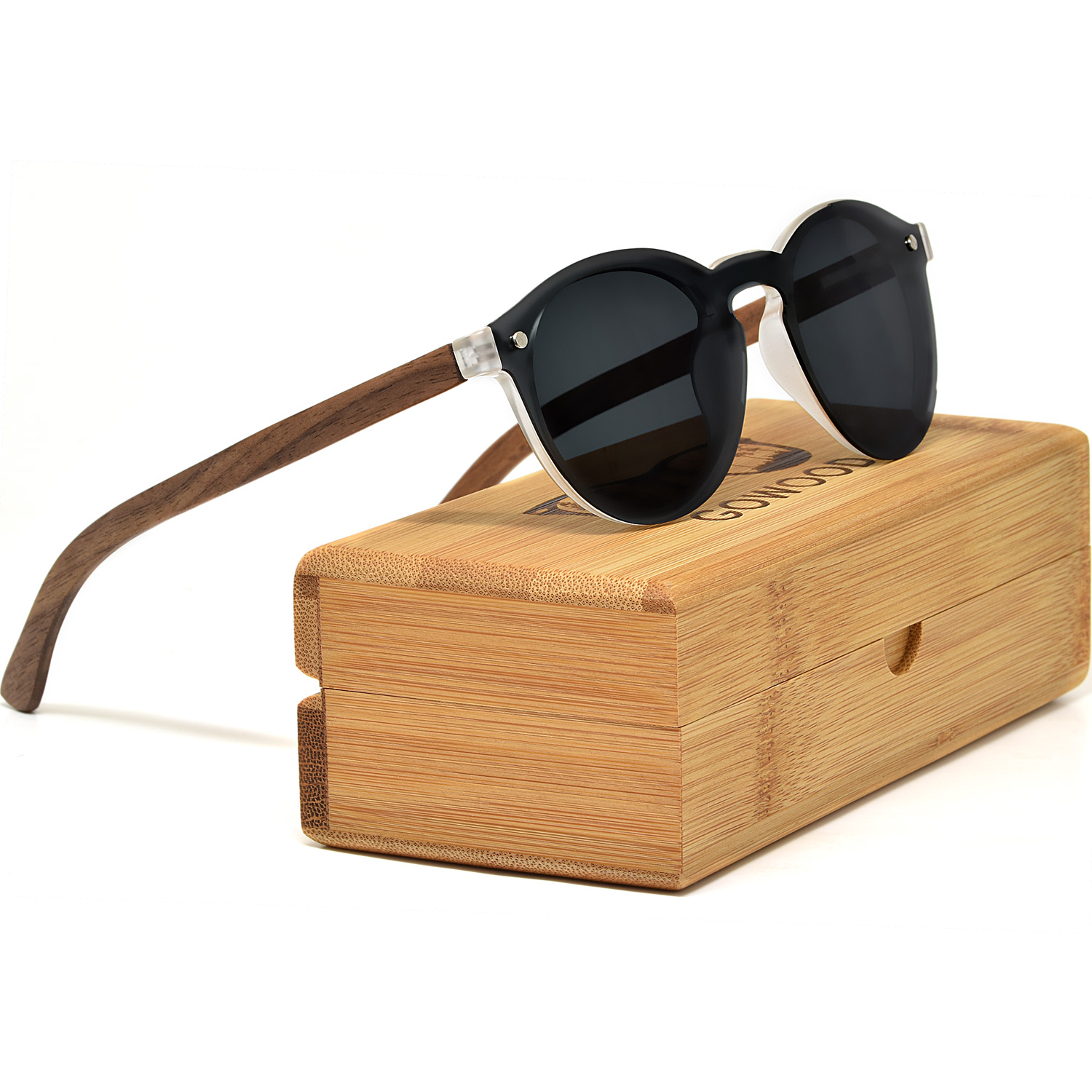 Round walnut wood sunglasses with black polarized one piece lens