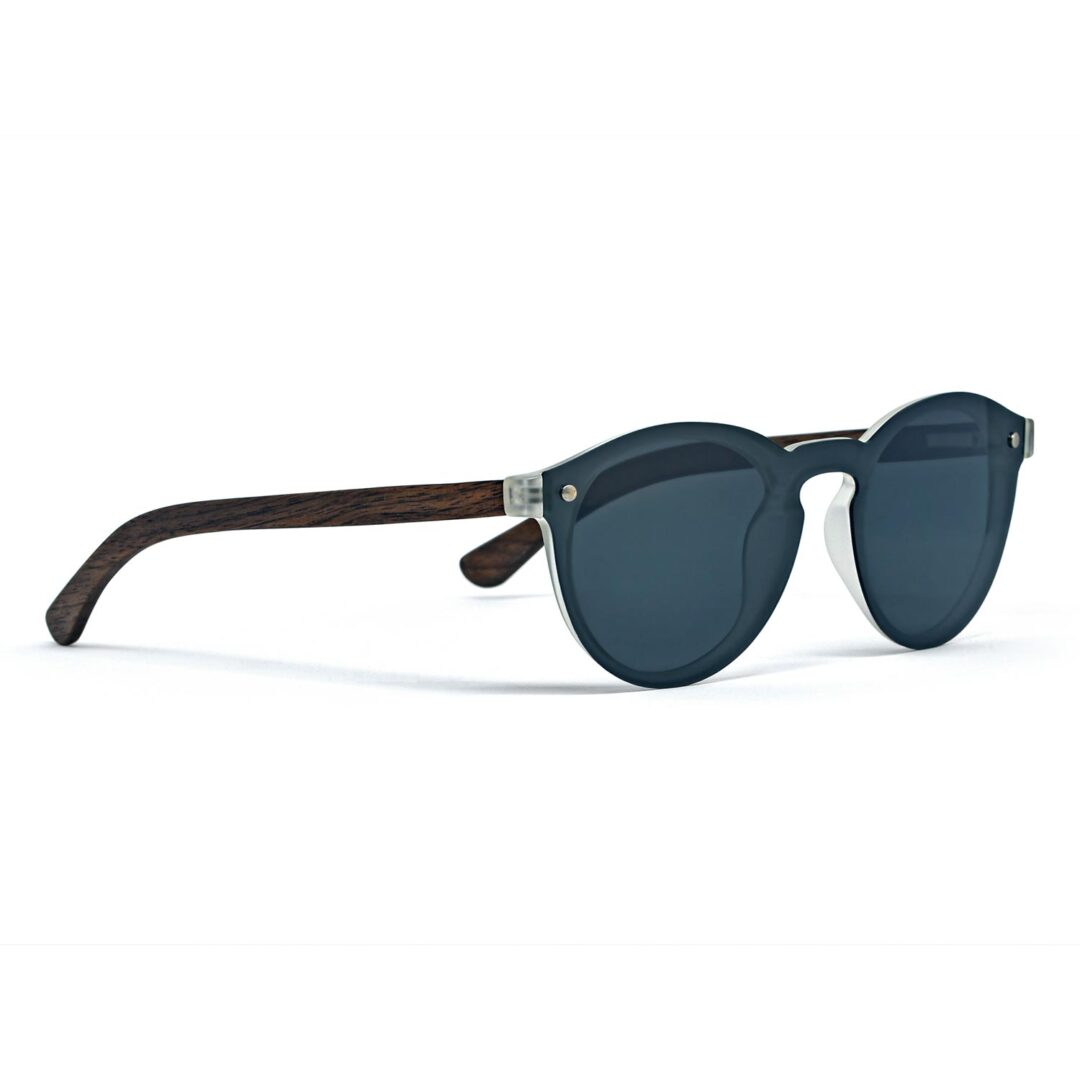 Round walnut wood sunglasses with black polarized one piece lens right